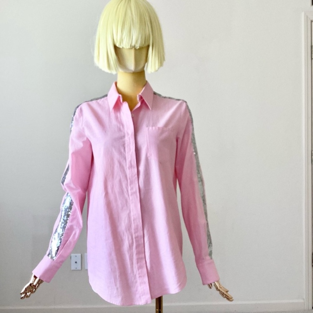 28.5 Pink Button-Up Shirt with Silver Sequin Sleeve Detail SZ 2